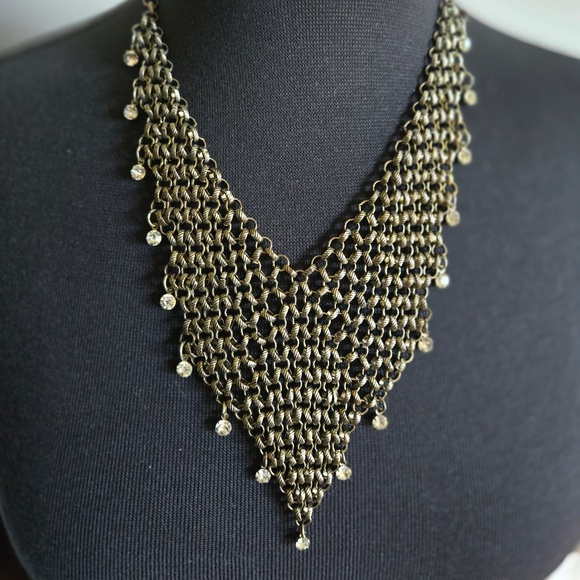 ✨ Vintage Gunmetal Chainmail Mesh Bib Necklace with Rhinestones Del Mar Style  ✨ - Picture 1 of 2